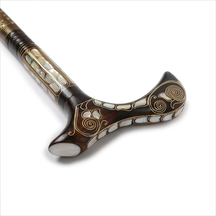 Handcrafted Wooden Walking Cane with Mother-of-Pearl &amp; Copper Wire Inlay - WAAH493