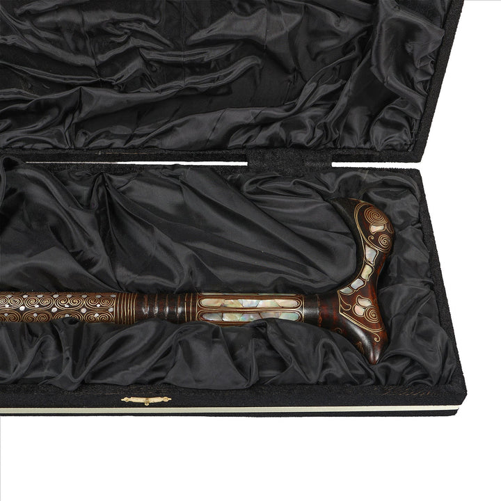 Handcrafted Wooden Walking Cane with Mother-of-Pearl &amp; Copper Wire Inlay - WAAH493