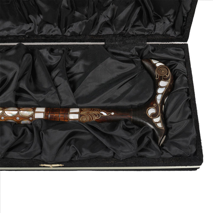 Handcrafted Wooden Walking Cane with Mother-of-Pearl &amp; Copper Wire Inlay - WAAH494