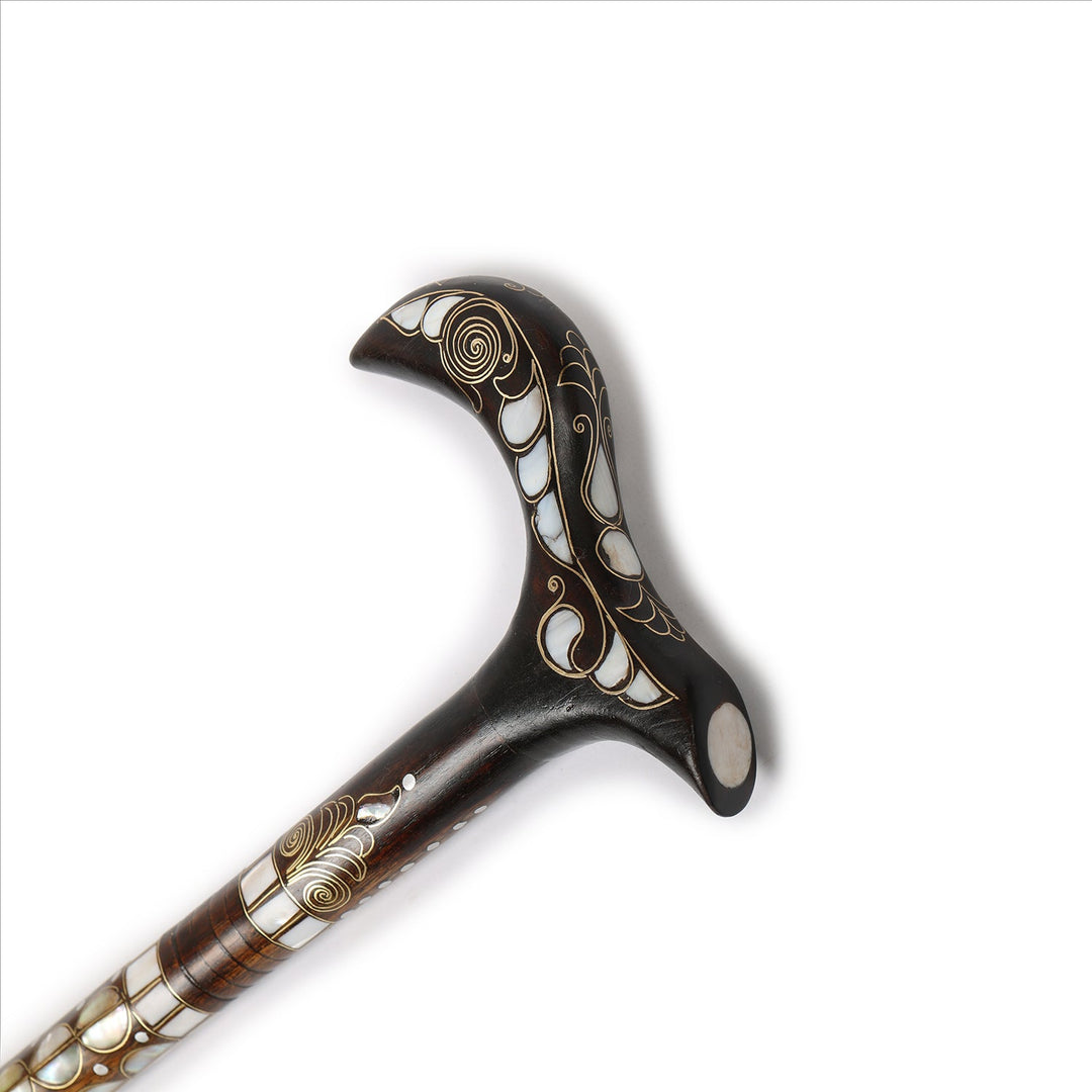 Handcrafted Wooden Walking Cane with Mother-of-Pearl &amp; Copper Wire Inlay - WAAH494