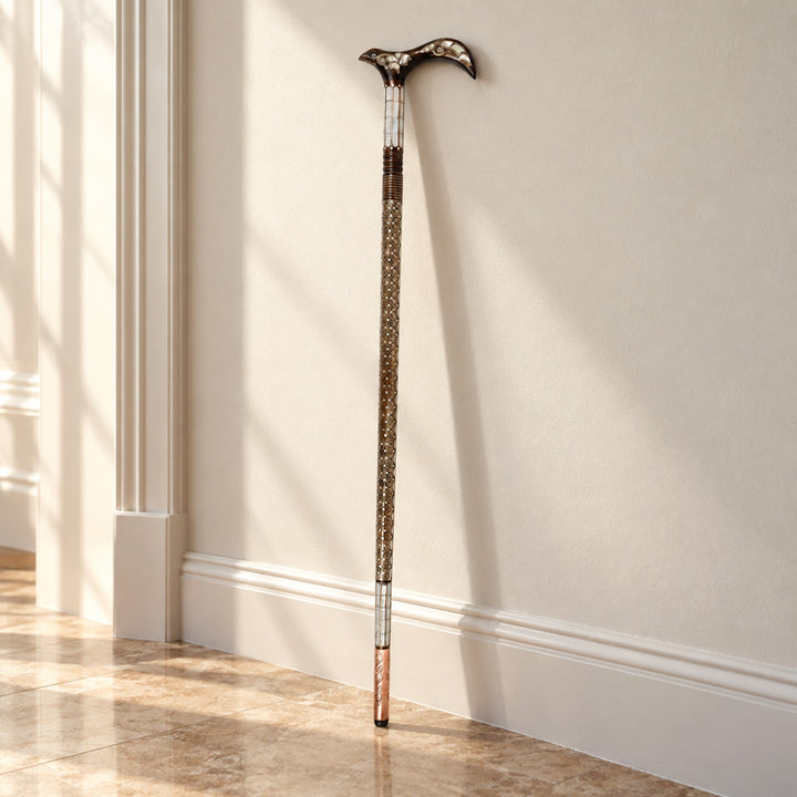 Handcrafted Wooden Walking Cane with Mother-of-Pearl &amp; Copper Wire Inlay - WAAH495