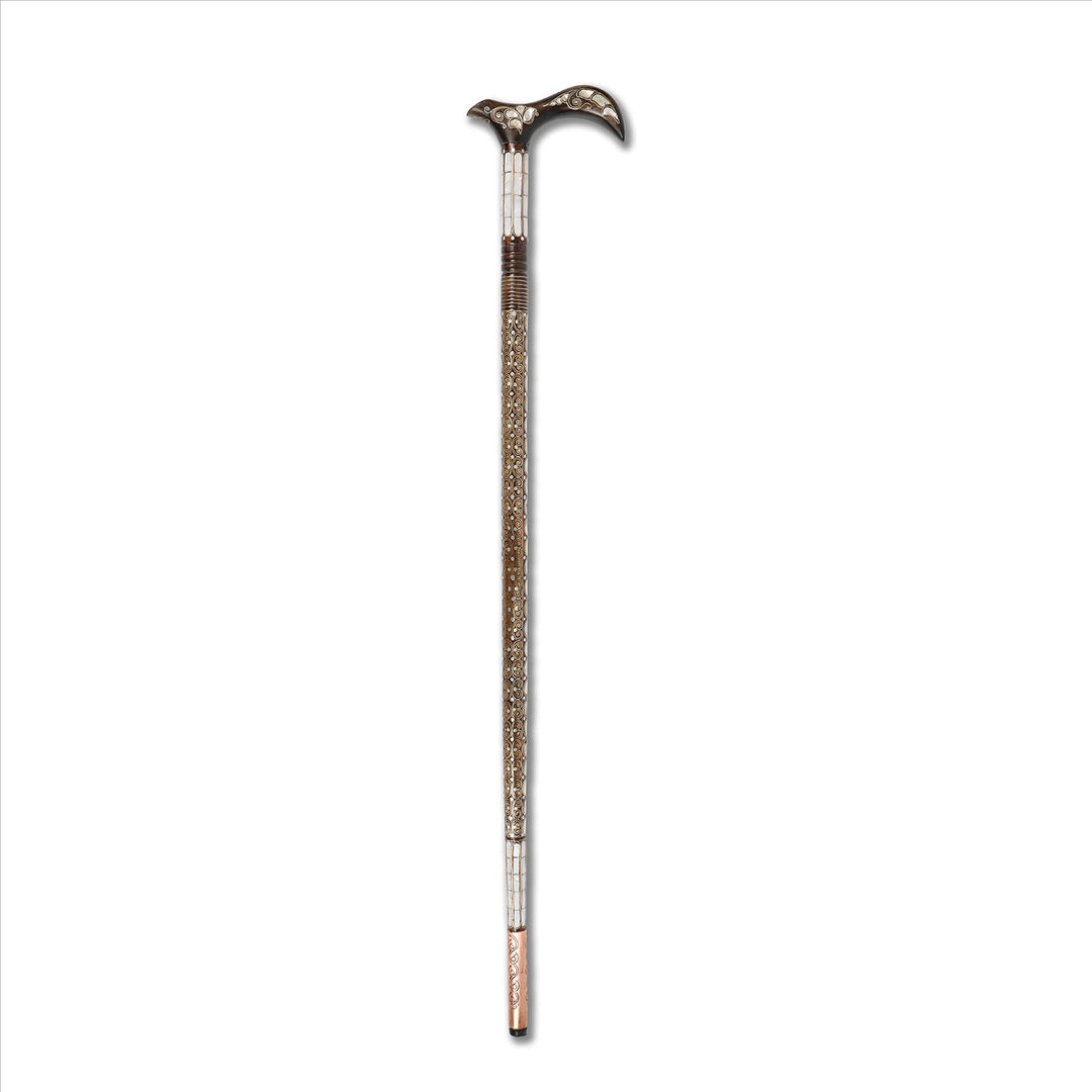 Handcrafted Wooden Walking Cane with Mother-of-Pearl &amp; Copper Wire Inlay - WAAH495
