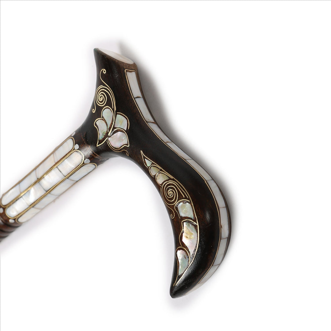 Handcrafted Wooden Walking Cane with Mother-of-Pearl &amp; Copper Wire Inlay - WAAH495