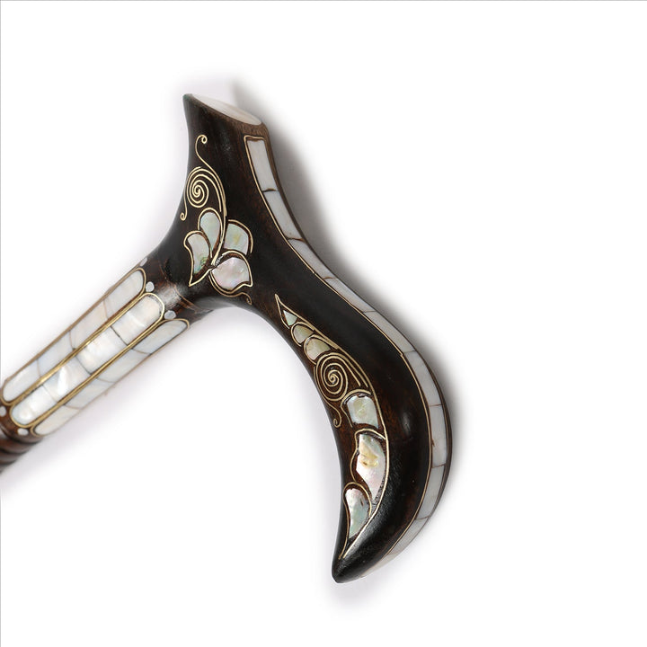 Handcrafted Wooden Walking Cane with Mother-of-Pearl &amp; Copper Wire Inlay - WAAH495