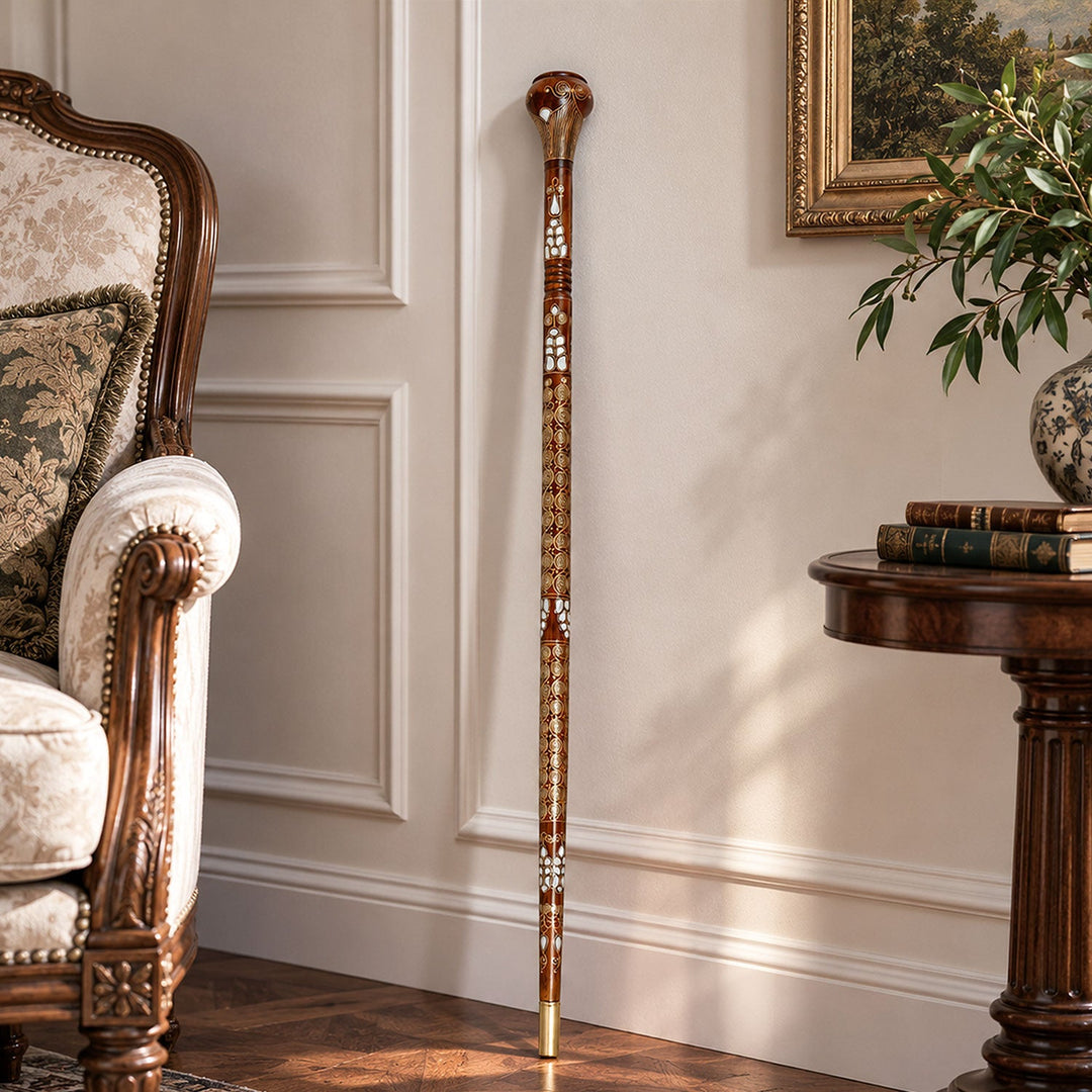 Handcrafted Wooden Walking Cane with Mother-of-Pearl &amp; Copper Wire Inlay - WAAH496