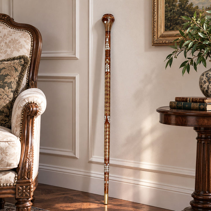 Handcrafted Wooden Walking Cane with Mother-of-Pearl &amp; Copper Wire Inlay - WAAH496