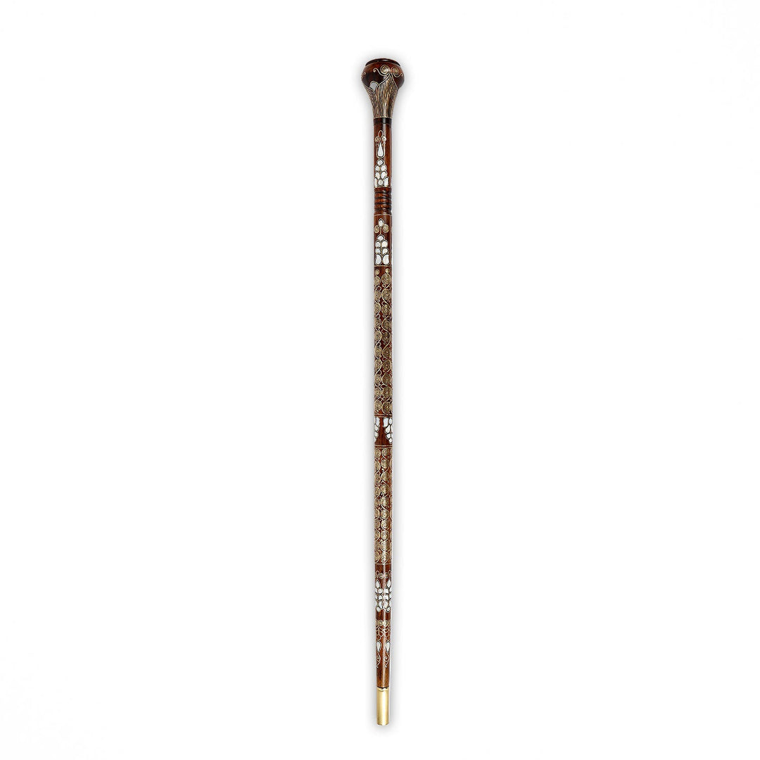 Handcrafted Wooden Walking Cane with Mother-of-Pearl &amp; Copper Wire Inlay - WAAH496