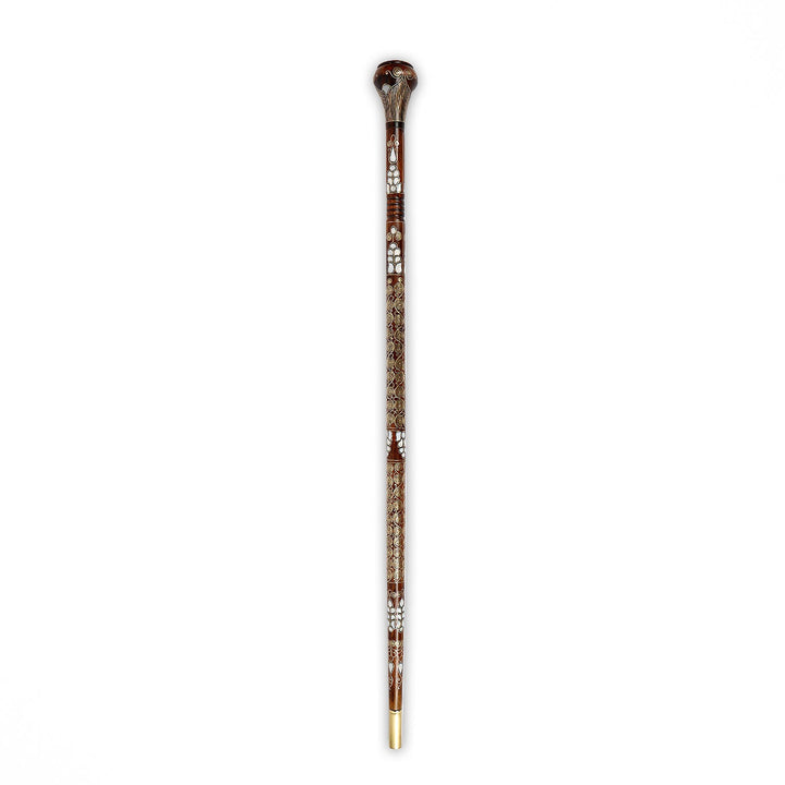 Handcrafted Wooden Walking Cane with Mother-of-Pearl &amp; Copper Wire Inlay - WAAH496