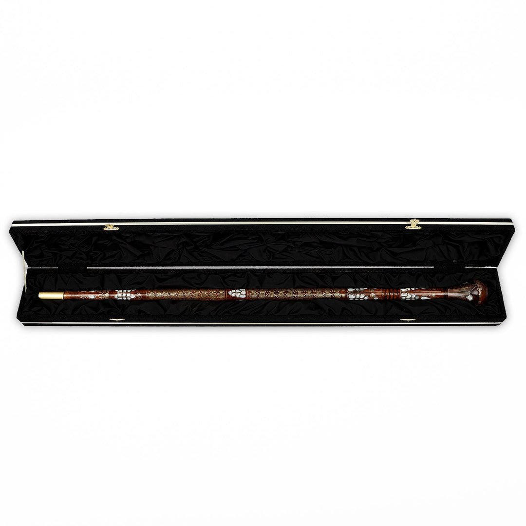 Handcrafted Wooden Walking Cane with Mother-of-Pearl &amp; Copper Wire Inlay - WAAH496