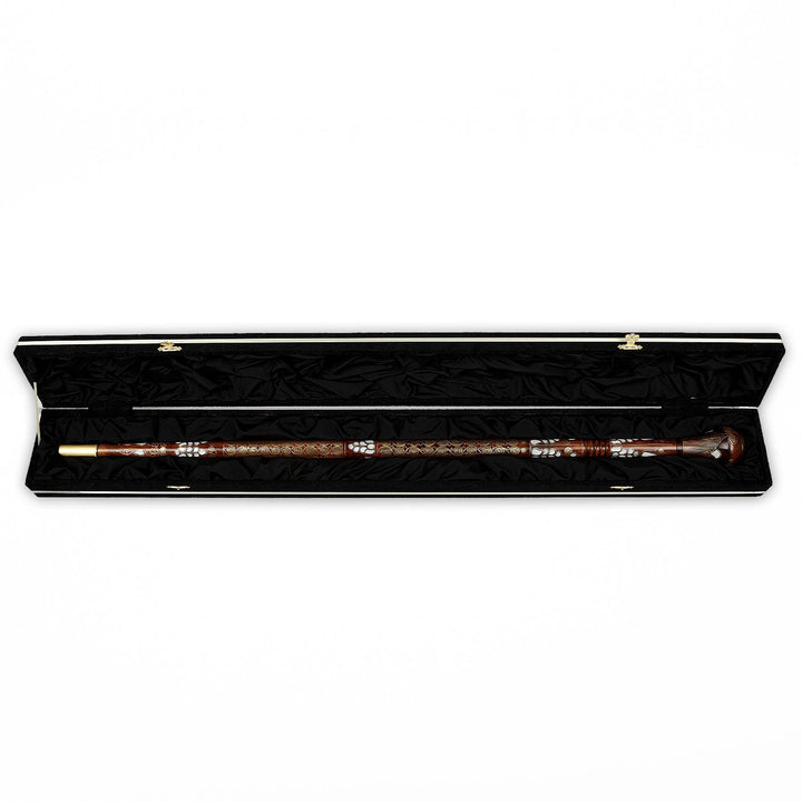 Handcrafted Wooden Walking Cane with Mother-of-Pearl &amp; Copper Wire Inlay - WAAH496