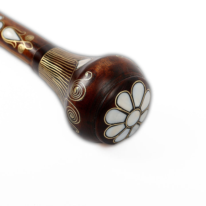 Handcrafted Wooden Walking Cane with Mother-of-Pearl &amp; Copper Wire Inlay - WAAH496