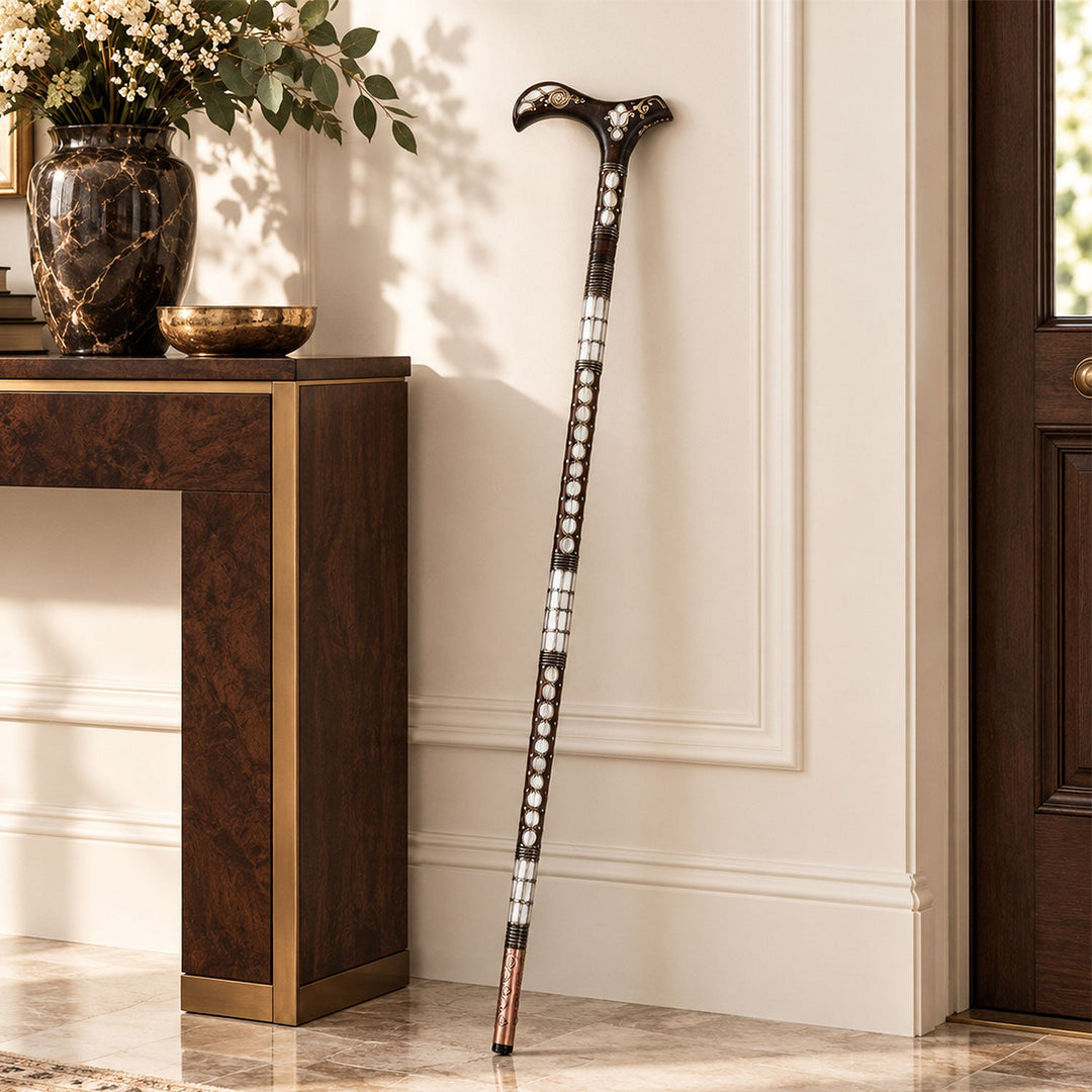 Handcrafted Wooden Walking Cane with Mother-of-Pearl &amp; Copper Wire Inlay - WAAH497