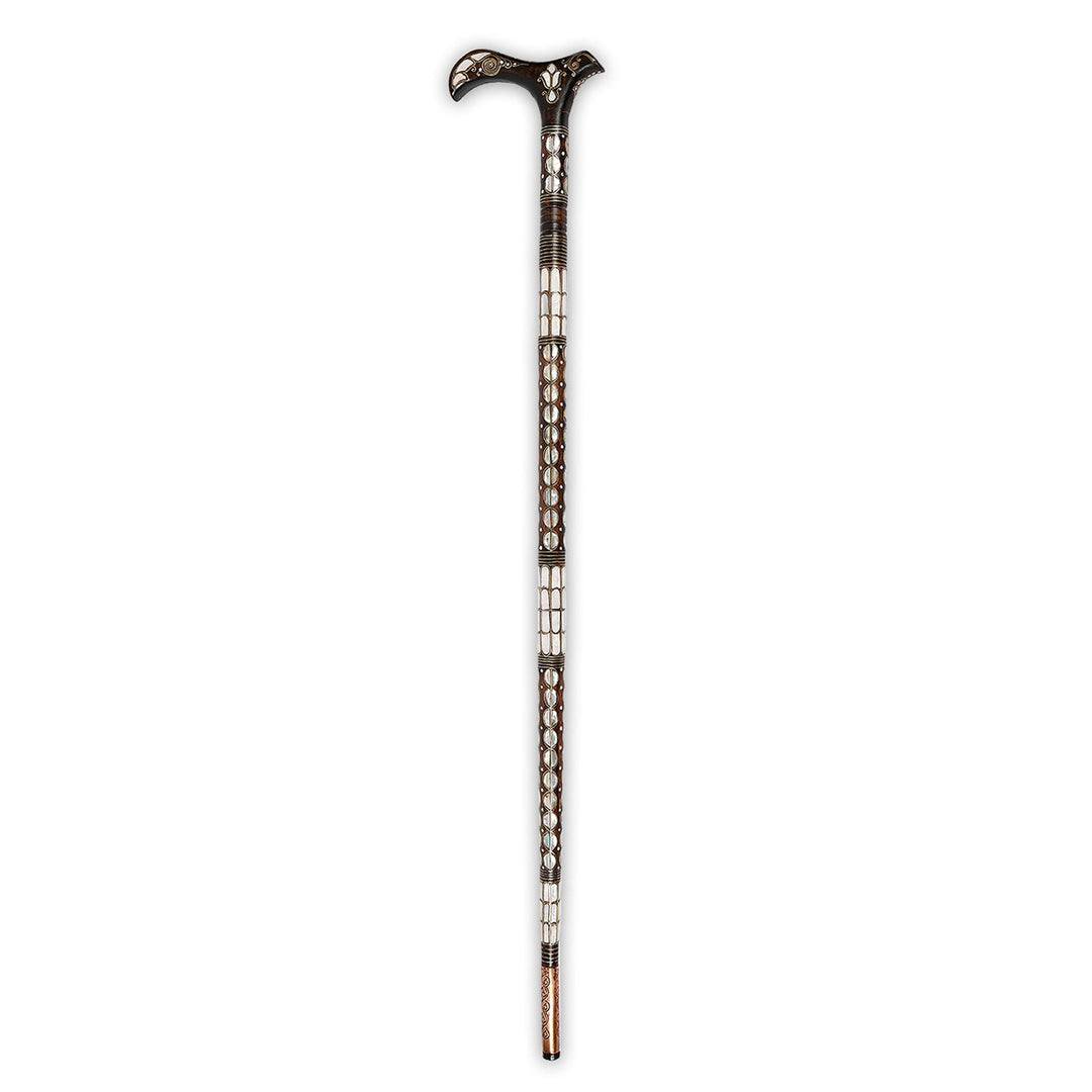 Handcrafted Wooden Walking Cane with Mother-of-Pearl &amp; Copper Wire Inlay - WAAH497