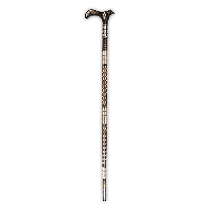 Handcrafted Wooden Walking Cane with Mother-of-Pearl &amp; Copper Wire Inlay - WAAH497
