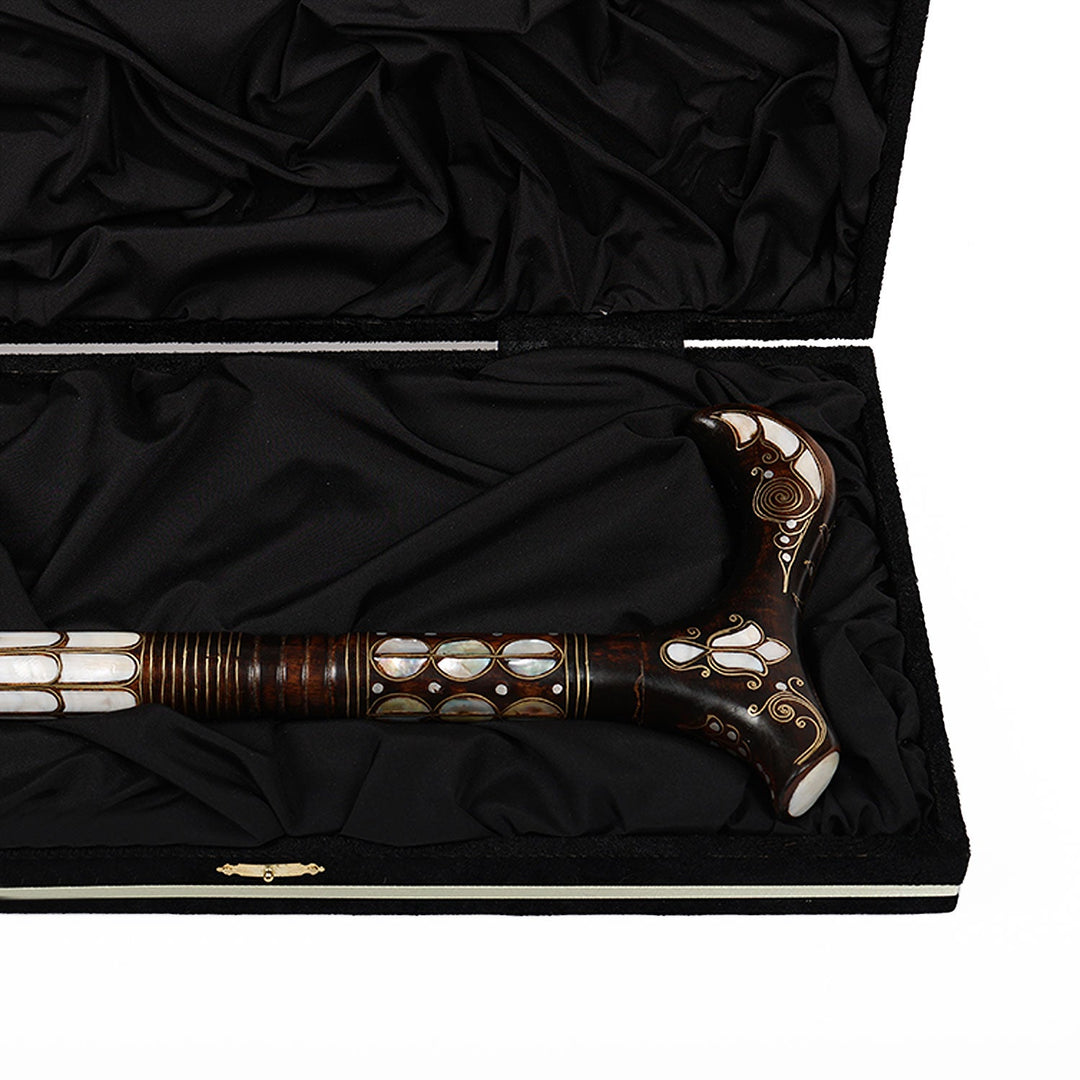 Handcrafted Wooden Walking Cane with Mother-of-Pearl &amp; Copper Wire Inlay - WAAH497