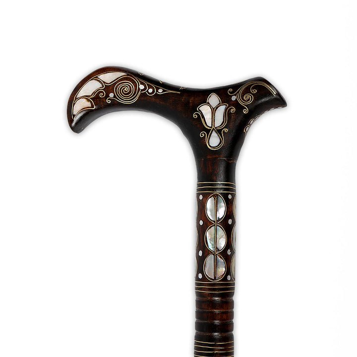 Handcrafted Wooden Walking Cane with Mother-of-Pearl &amp; Copper Wire Inlay - WAAH497