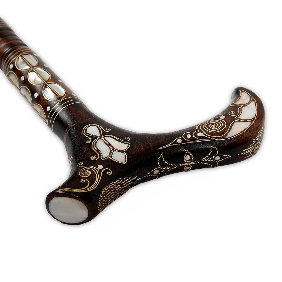 Handcrafted Wooden Walking Cane with Mother-of-Pearl &amp; Copper Wire Inlay - WAAH497