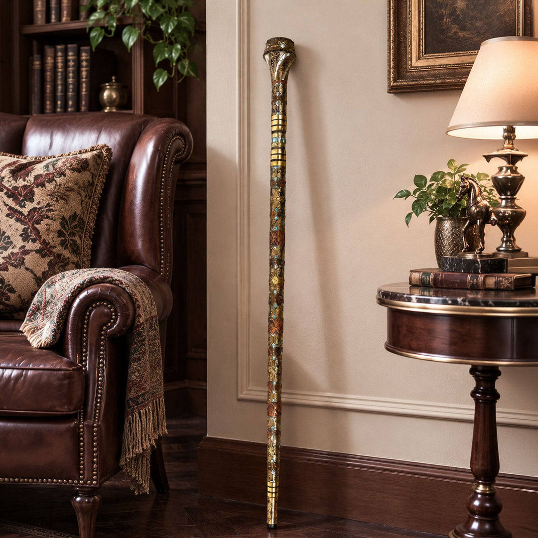 Handcrafted Wooden Walking Cane with Mother-of-Pearl, Abalone &amp; Copper Wire Inlay - WAAH498