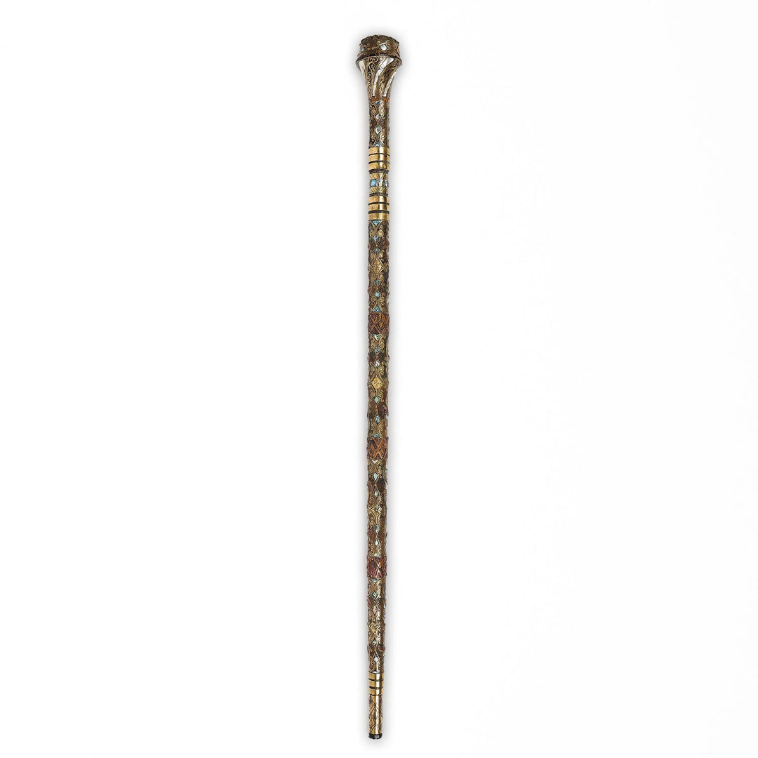 Handcrafted Wooden Walking Cane with Mother-of-Pearl, Abalone &amp; Copper Wire Inlay - WAAH498