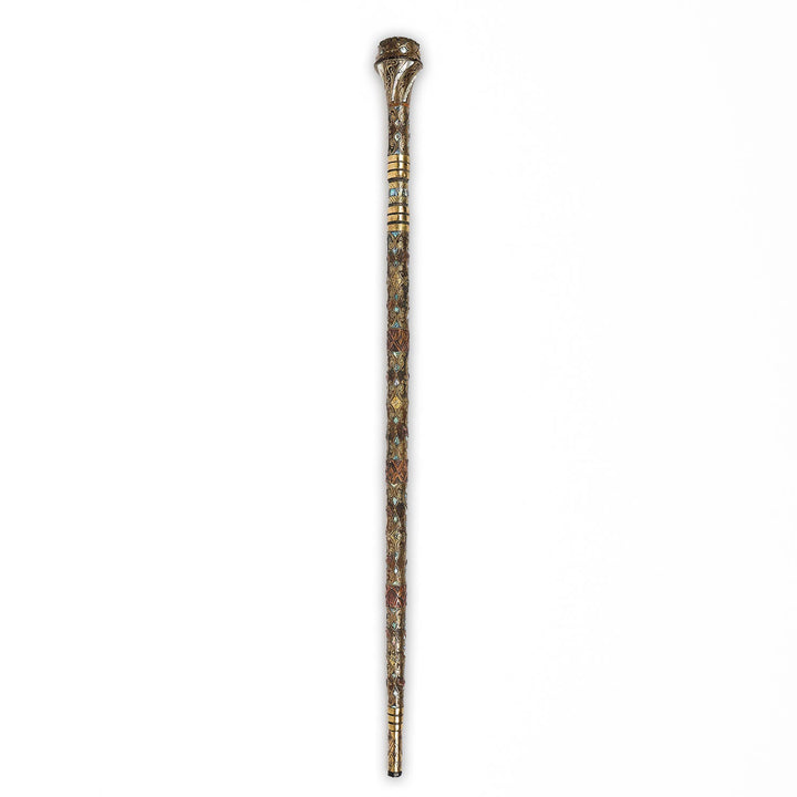 Handcrafted Wooden Walking Cane with Mother-of-Pearl, Abalone &amp; Copper Wire Inlay - WAAH498