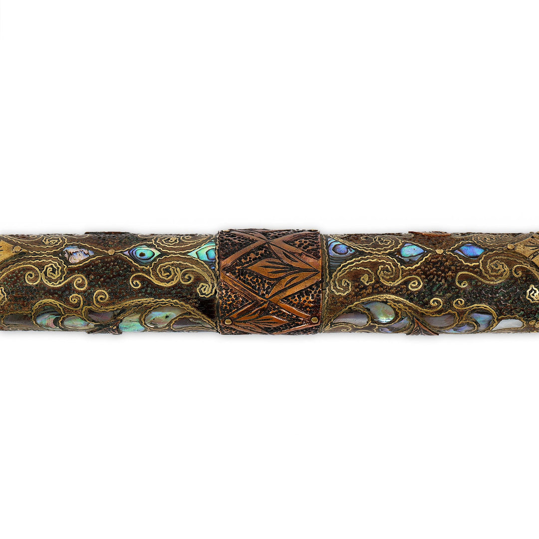 Handcrafted Wooden Walking Cane with Mother-of-Pearl, Abalone &amp; Copper Wire Inlay - WAAH498