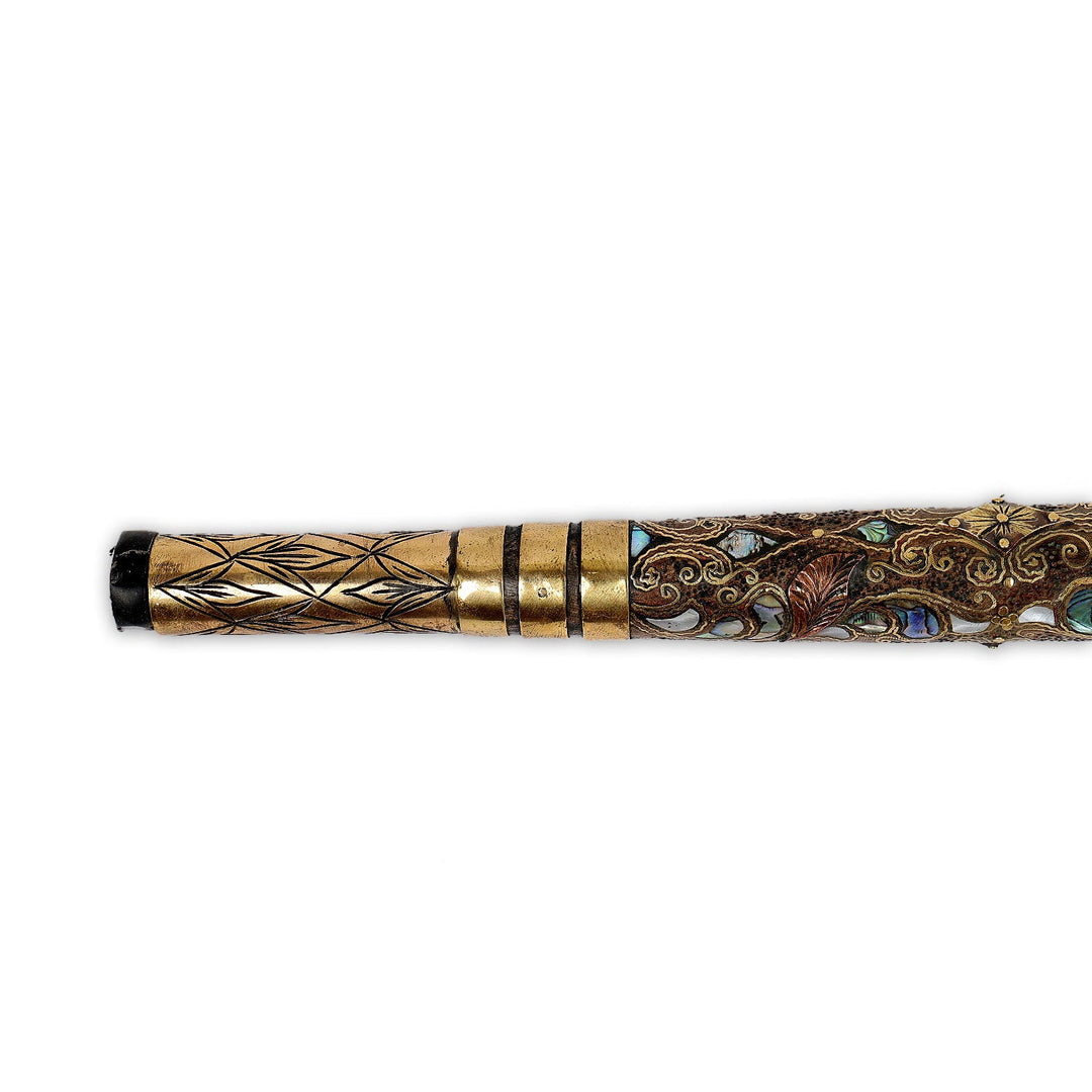 Handcrafted Wooden Walking Cane with Mother-of-Pearl, Abalone &amp; Copper Wire Inlay - WAAH498