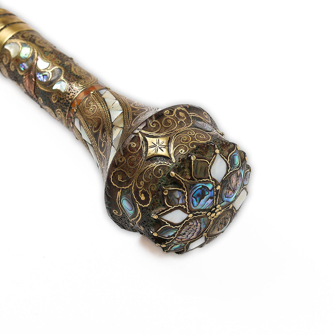 Handcrafted Wooden Walking Cane with Mother-of-Pearl, Abalone &amp; Copper Wire Inlay - WAAH498