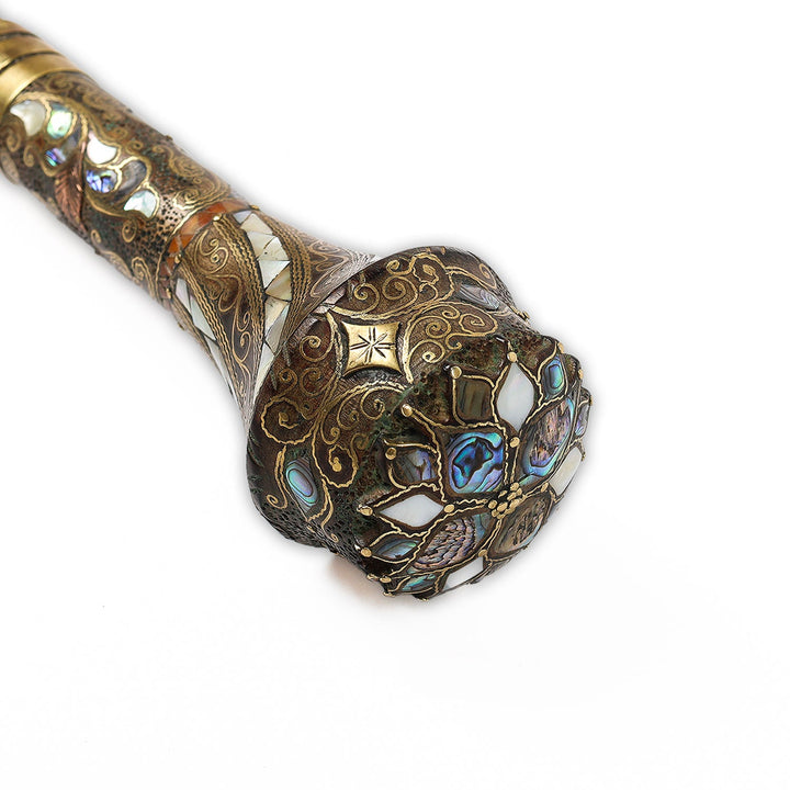 Handcrafted Wooden Walking Cane with Mother-of-Pearl, Abalone &amp; Copper Wire Inlay - WAAH498
