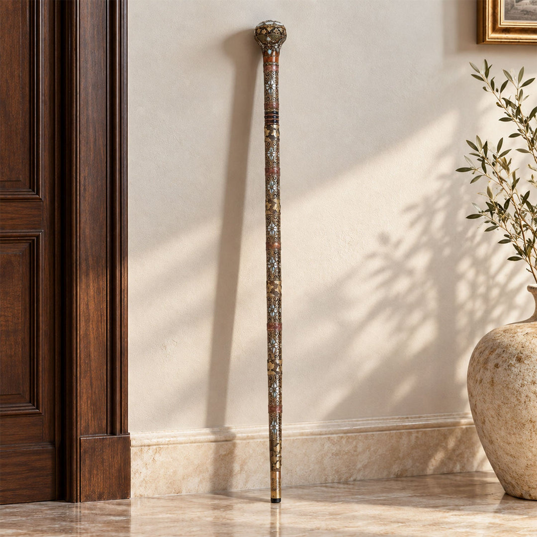 Handcrafted Wooden Walking Cane with Mother-of-Pearl, Abalone &amp; Copper Wire Inlay - WAAH499