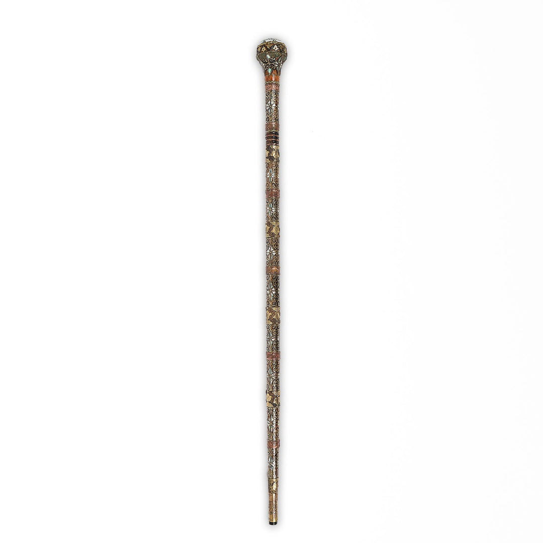 Handcrafted Wooden Walking Cane with Mother-of-Pearl, Abalone &amp; Copper Wire Inlay - WAAH499