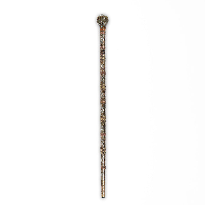 Handcrafted Wooden Walking Cane with Mother-of-Pearl, Abalone &amp; Copper Wire Inlay - WAAH499