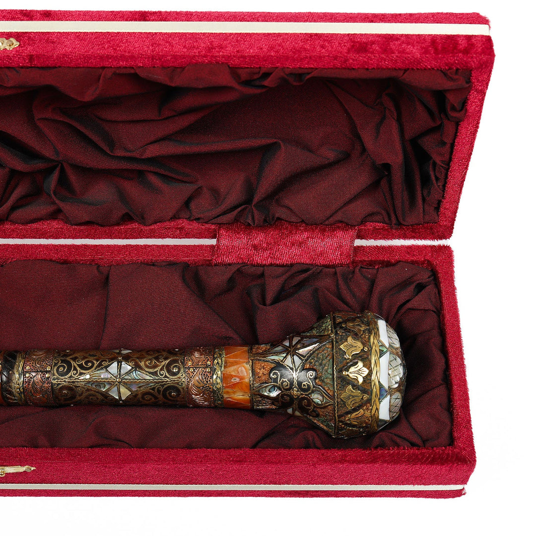 Handcrafted Wooden Walking Cane with Mother-of-Pearl, Abalone &amp; Copper Wire Inlay - WAAH499