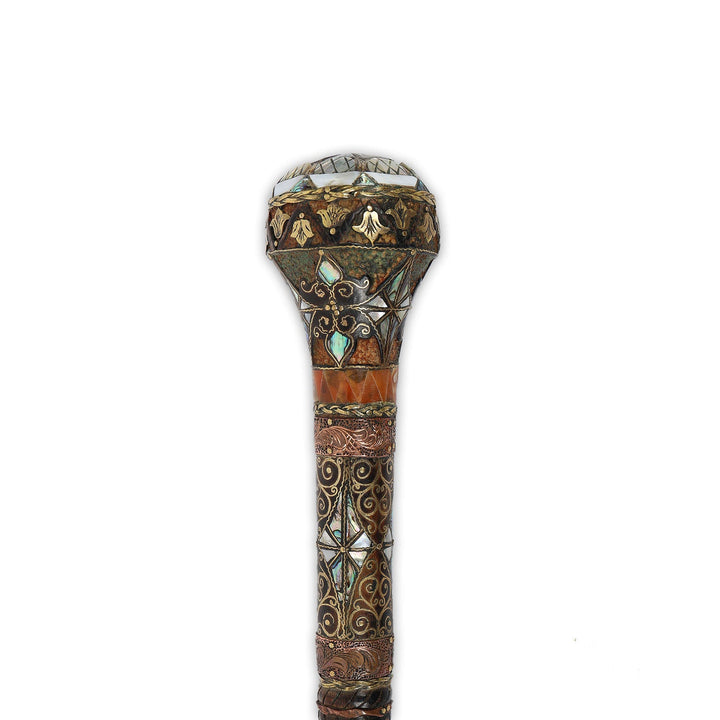 Handcrafted Wooden Walking Cane with Mother-of-Pearl, Abalone &amp; Copper Wire Inlay - WAAH499
