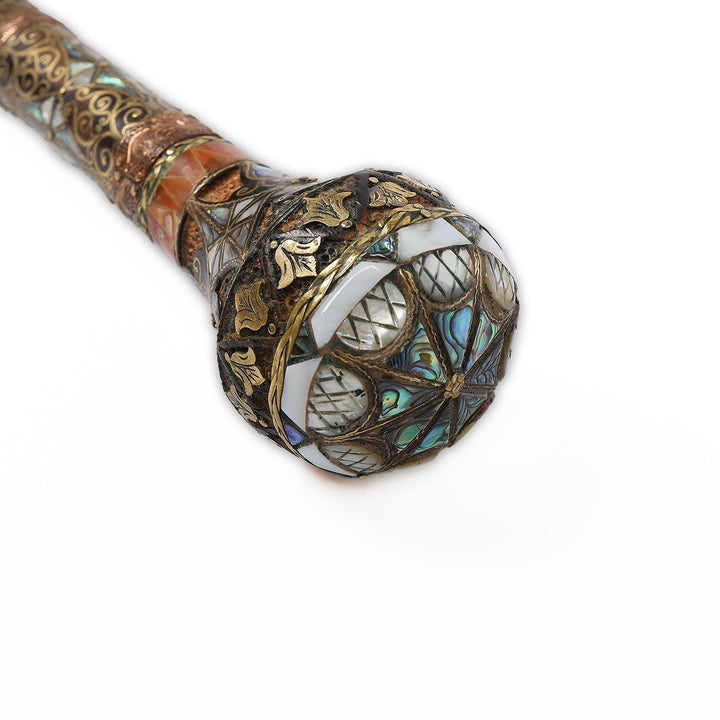 Handcrafted Wooden Walking Cane with Mother-of-Pearl, Abalone &amp; Copper Wire Inlay - WAAH499