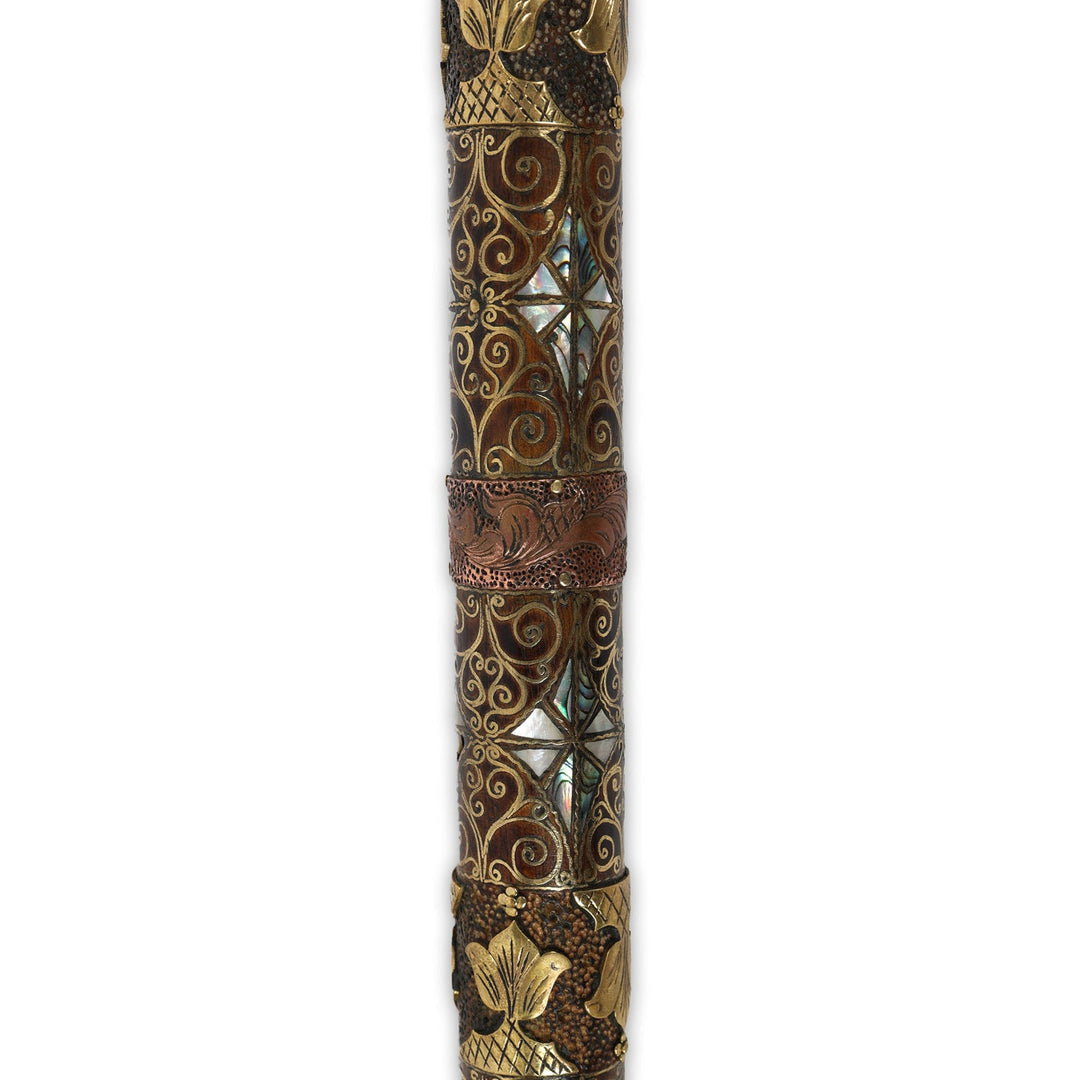 Handcrafted Wooden Walking Cane with Mother-of-Pearl, Abalone &amp; Copper Wire Inlay - WAAH499