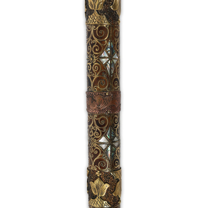 Handcrafted Wooden Walking Cane with Mother-of-Pearl, Abalone &amp; Copper Wire Inlay - WAAH499