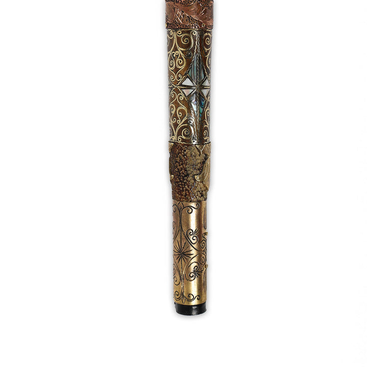 Handcrafted Wooden Walking Cane with Mother-of-Pearl, Abalone &amp; Copper Wire Inlay - WAAH499