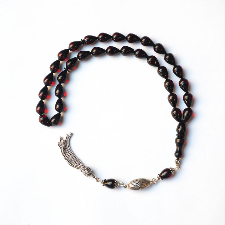 Handcrafted Graded Pressed Fire Amber Tasbeeh Silver Tassel – WATD168