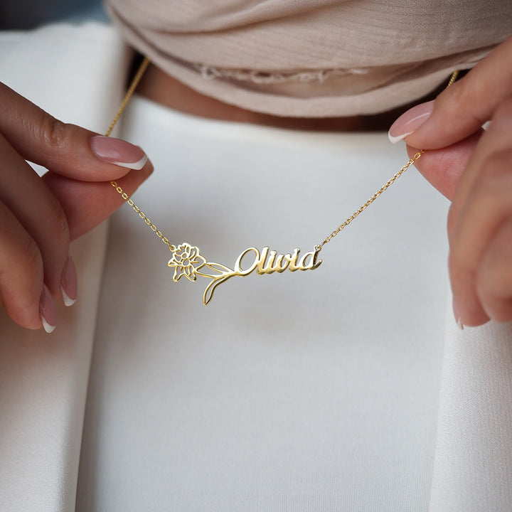 Silver Personalized Name & Birth Flower Necklace - WAMT032