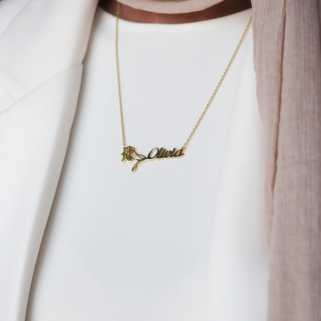Silver Personalized Name & Birth Flower Necklace - WAMT032