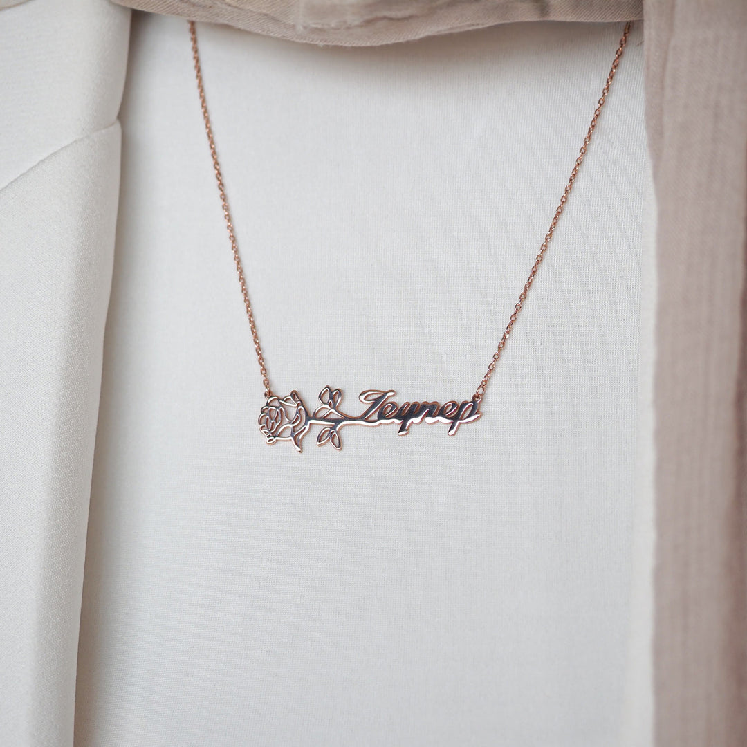 Silver Personalized Name & Birth Flower Necklace - WAMT032