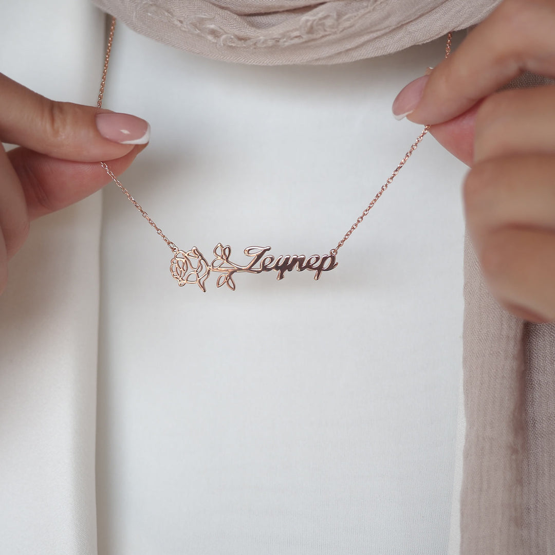 Silver Personalized Name & Birth Flower Necklace - WAMT032