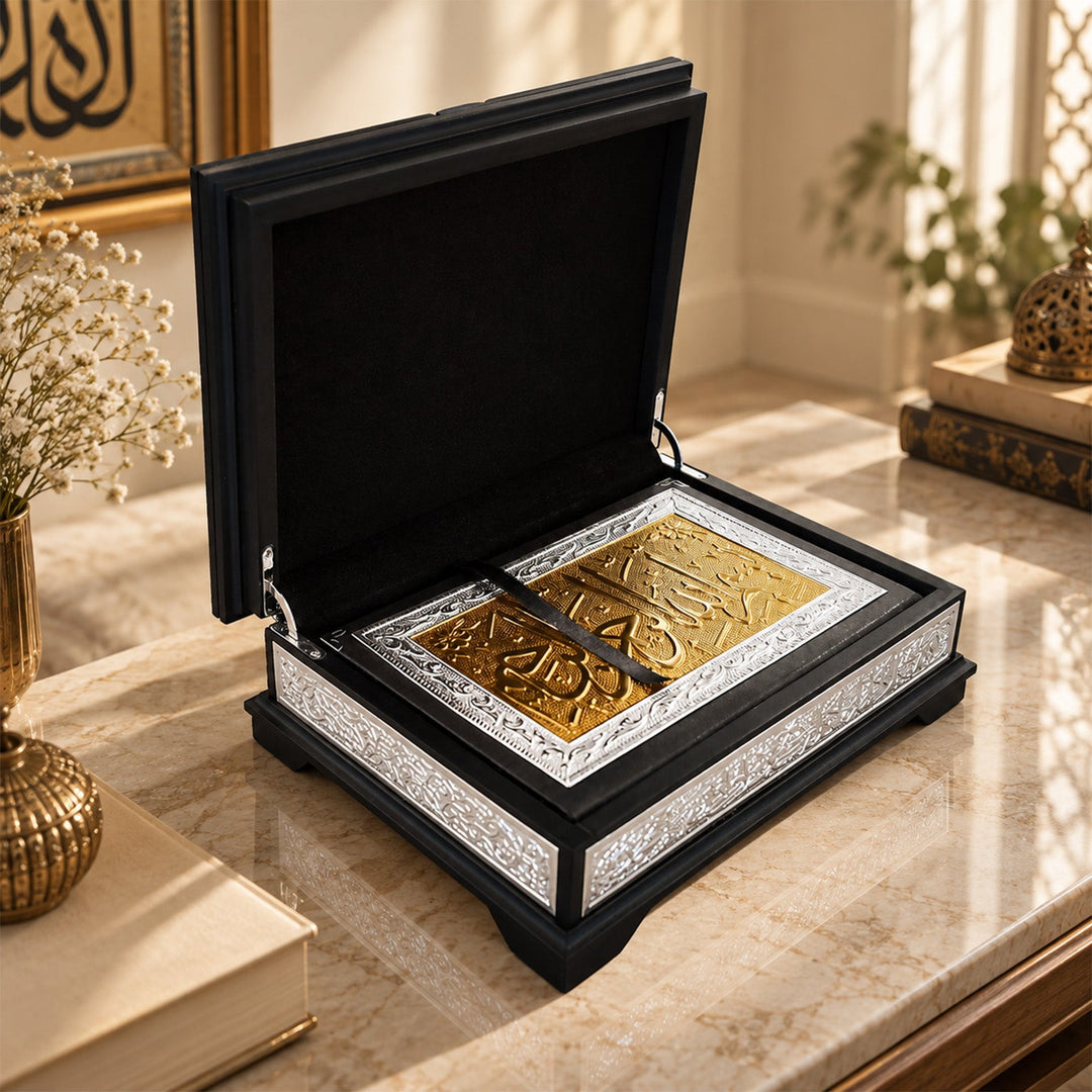 Ornate Gold-Accented Silver Inlaid Wooden Quran Box and Quran - WAP023