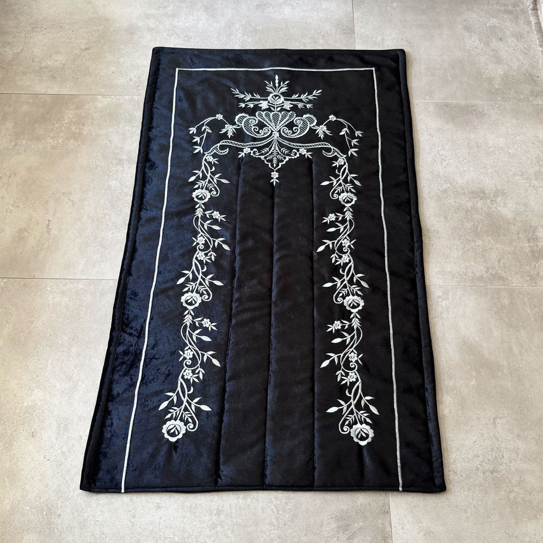 Black Velvet Islamic Prayer Rug with Silver Embroidery – WAS015