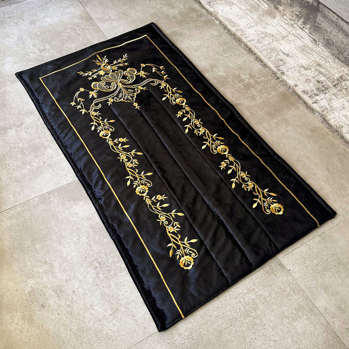 Black Velvet Islamic Prayer Rug with Gold Maraş-Style Embroidery – WAS019