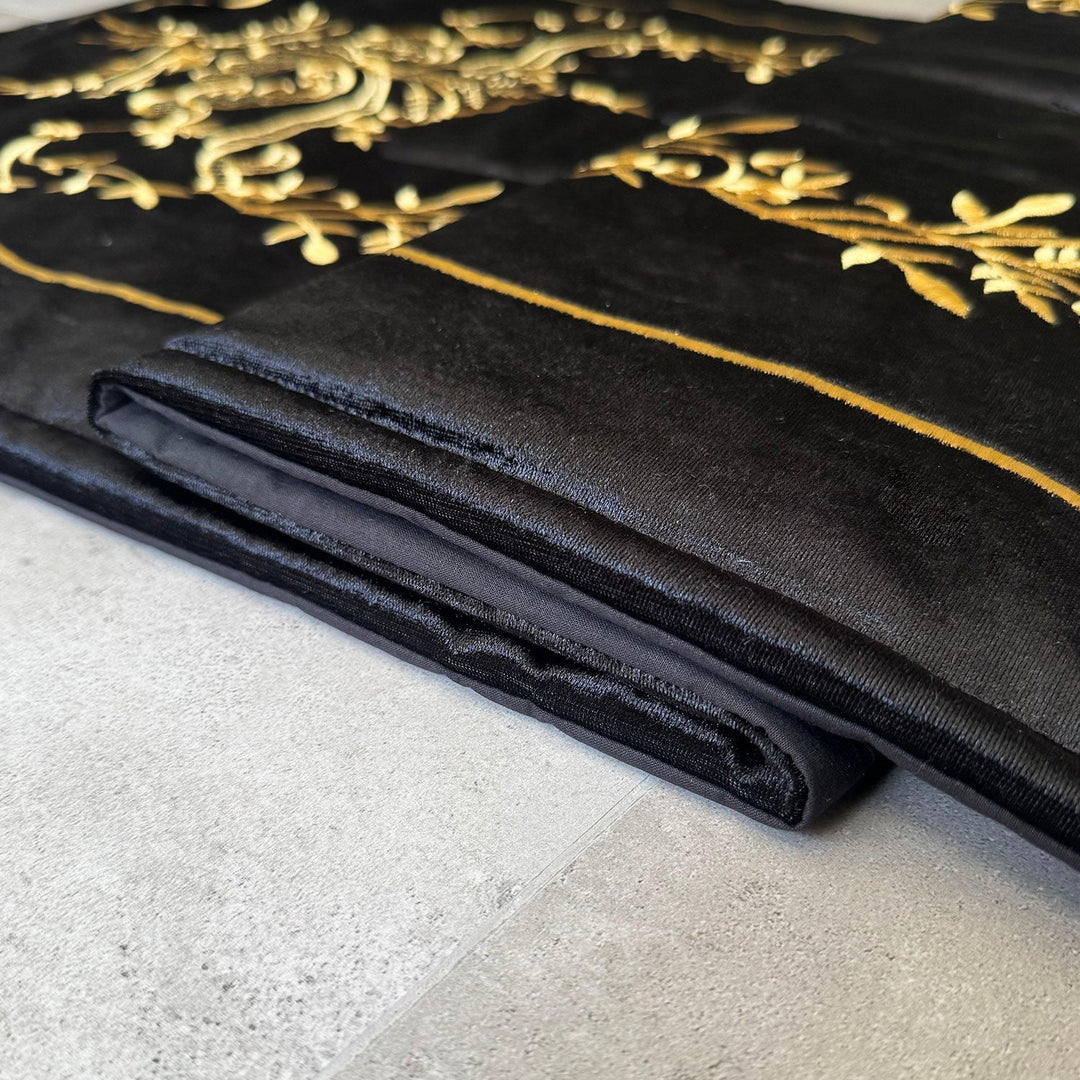 Black Velvet Islamic Prayer Rug with Gold Maraş-Style Embroidery – WAS019