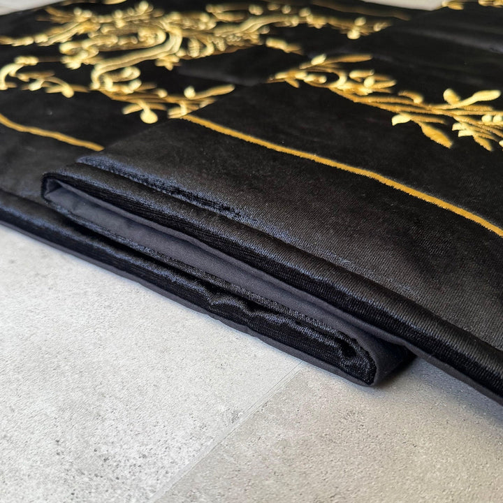 Black Velvet Islamic Prayer Rug with Gold Maraş-Style Embroidery – WAS019
