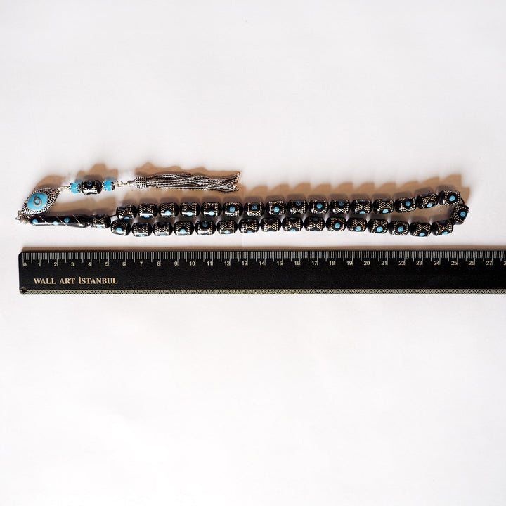 Genuine Oltu Stone & Turquoise Tasbeeh with 1000-Pure Silver Detailing - WATD027