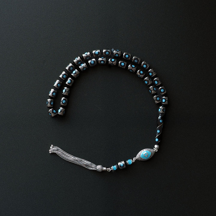 Genuine Oltu Stone & Turquoise Tasbeeh with 1000-Pure Silver Detailing - WATD027