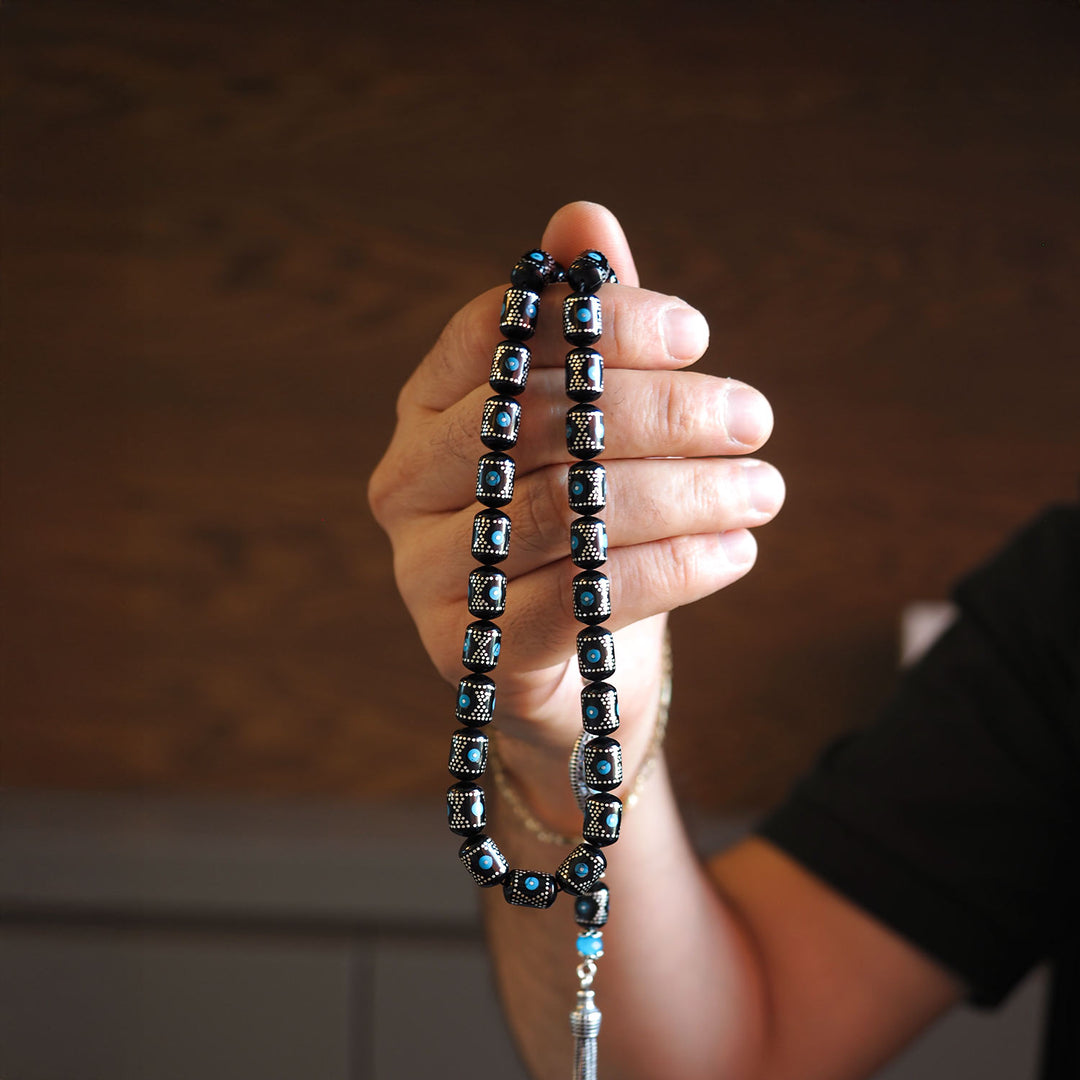 Genuine Oltu Stone & Turquoise Tasbeeh with 1000-Pure Silver Detailing - WATD027